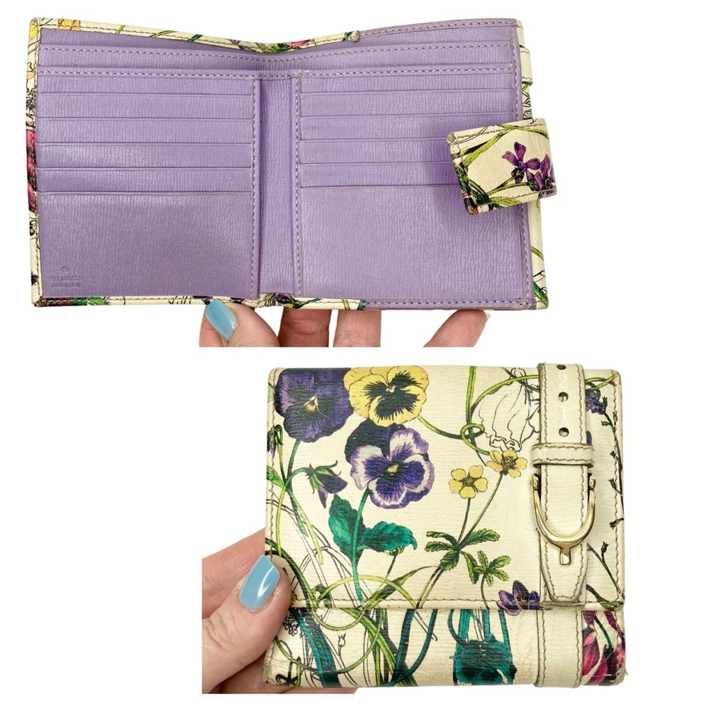 Authentic GUCCI Flora Flower Garden Off White Leather Buckle Compact Wallet
